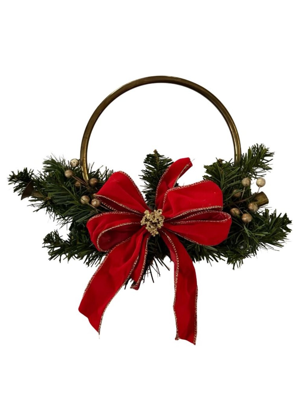 Vintage Brass Tone French Horn Christmas Decoration Evergreen Red Bow 7 Inch